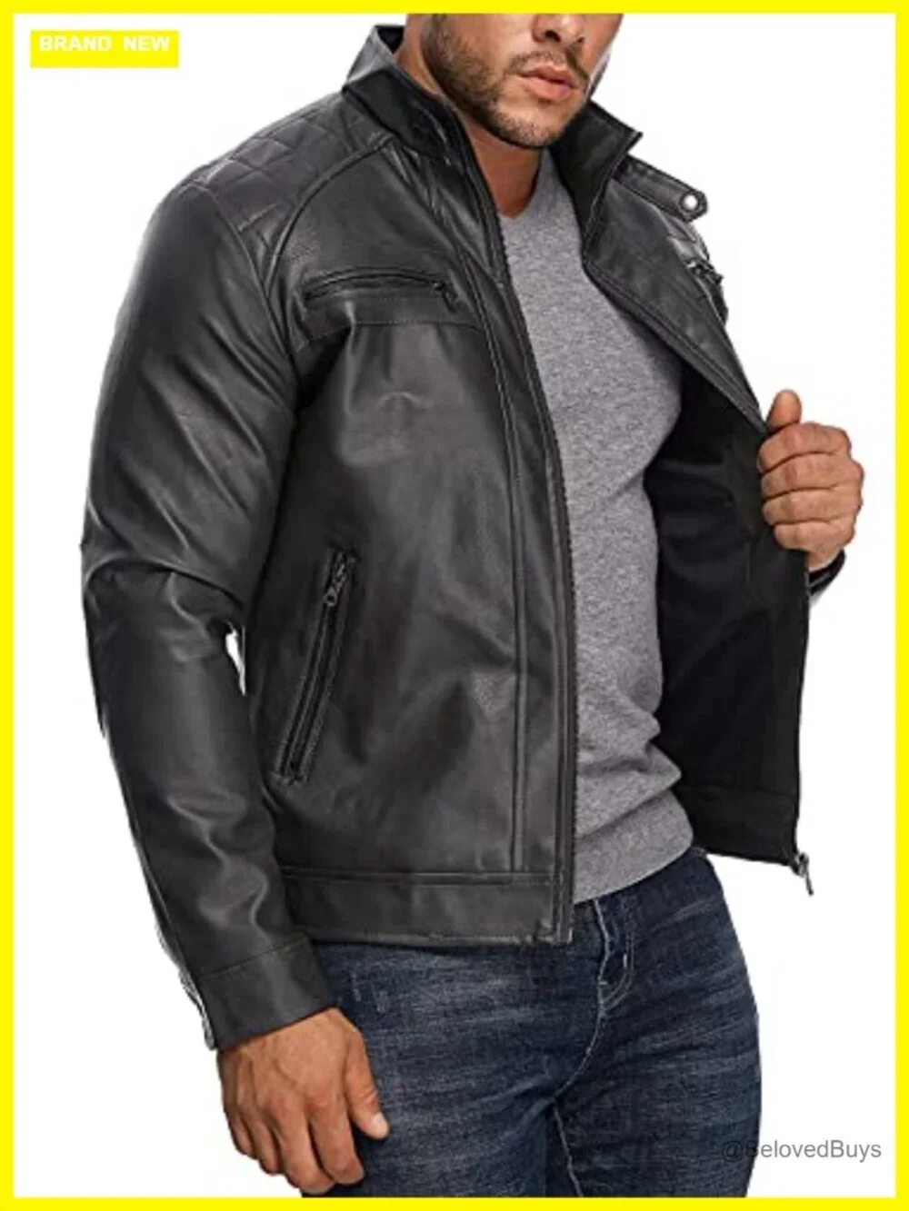 Men's Stand Collar Faux Leather Motorcycle Jacket with Zipper Pockets